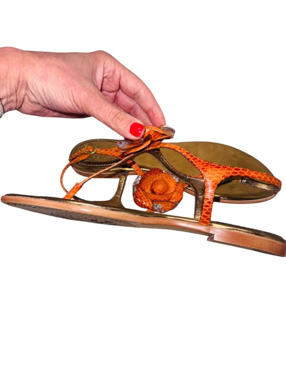 Vince Camuto Orange Snake-Embossed Flat Sandal Women 9 Gold Leather Flower Accen - Picture 10 of 11